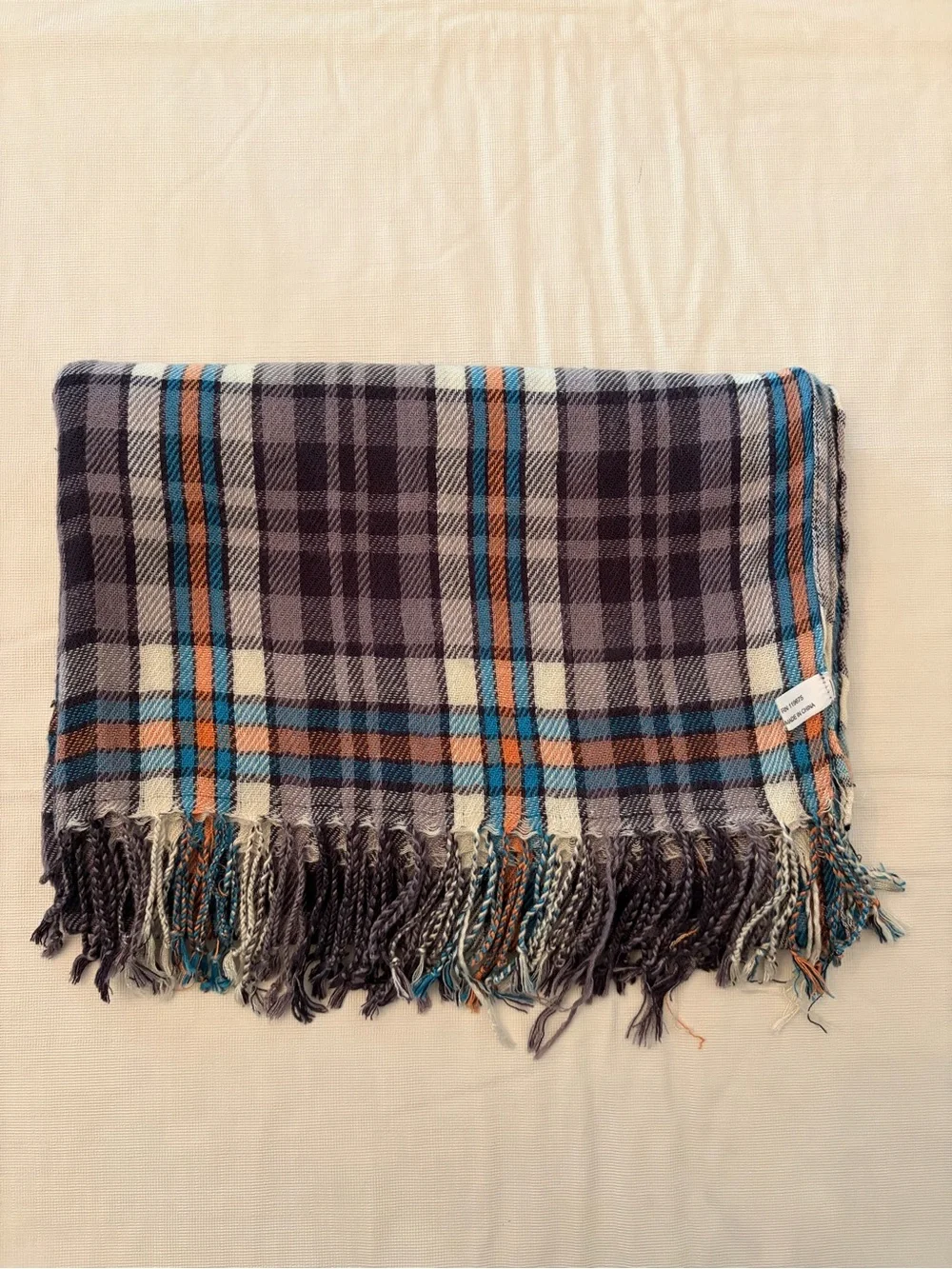 Large Plaid Fringe Scarf in Gray, Blue & Orange